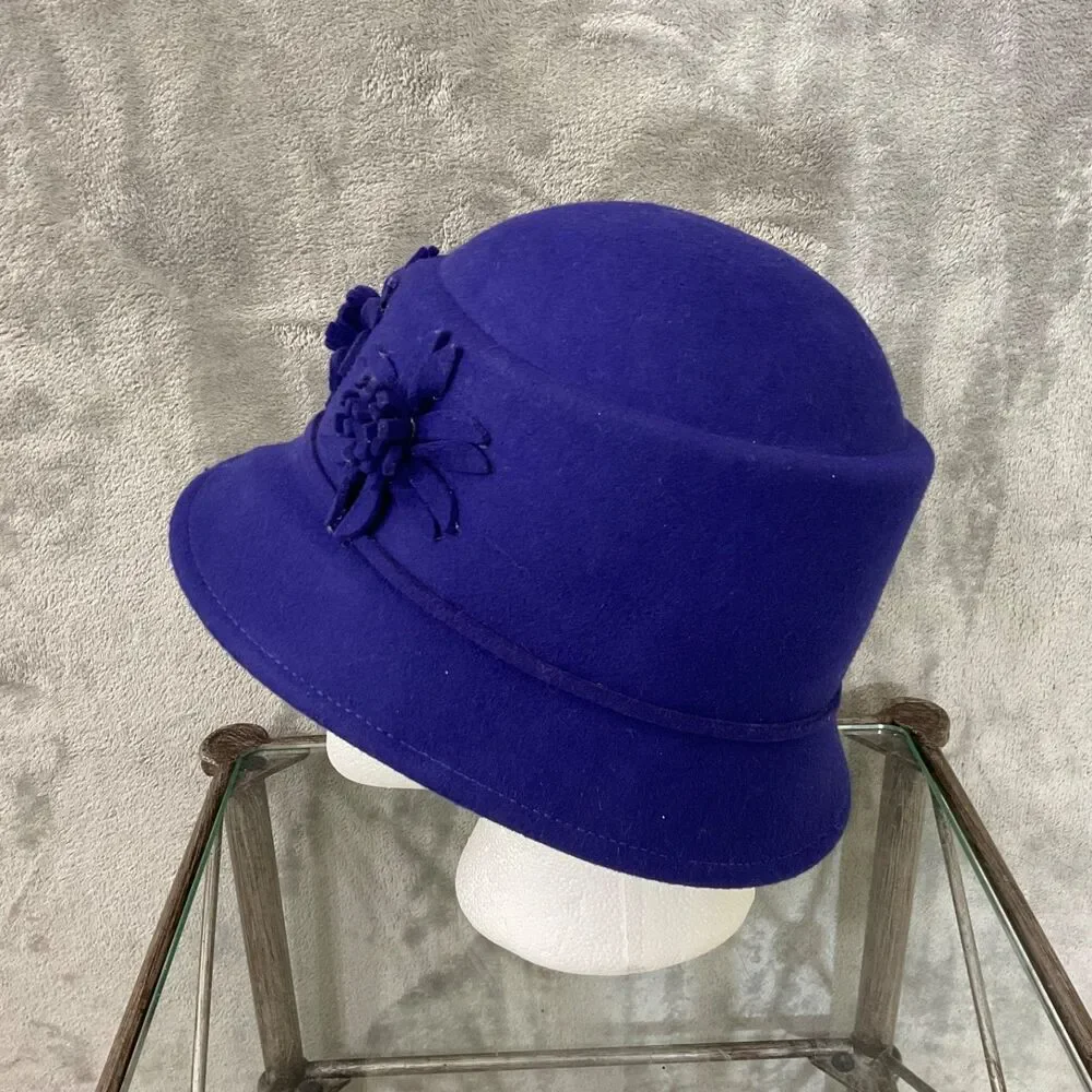 Vintage Andora Felt Cloche Bucket Hat Floral adjustable OS Royal Blue